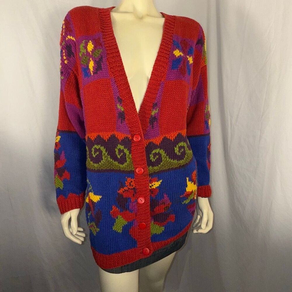 Vintage Jacquelyn by Browne Colorblock Floral Knit Cardigan Sweater | 80s 90s Bo - Picture 3 of 14